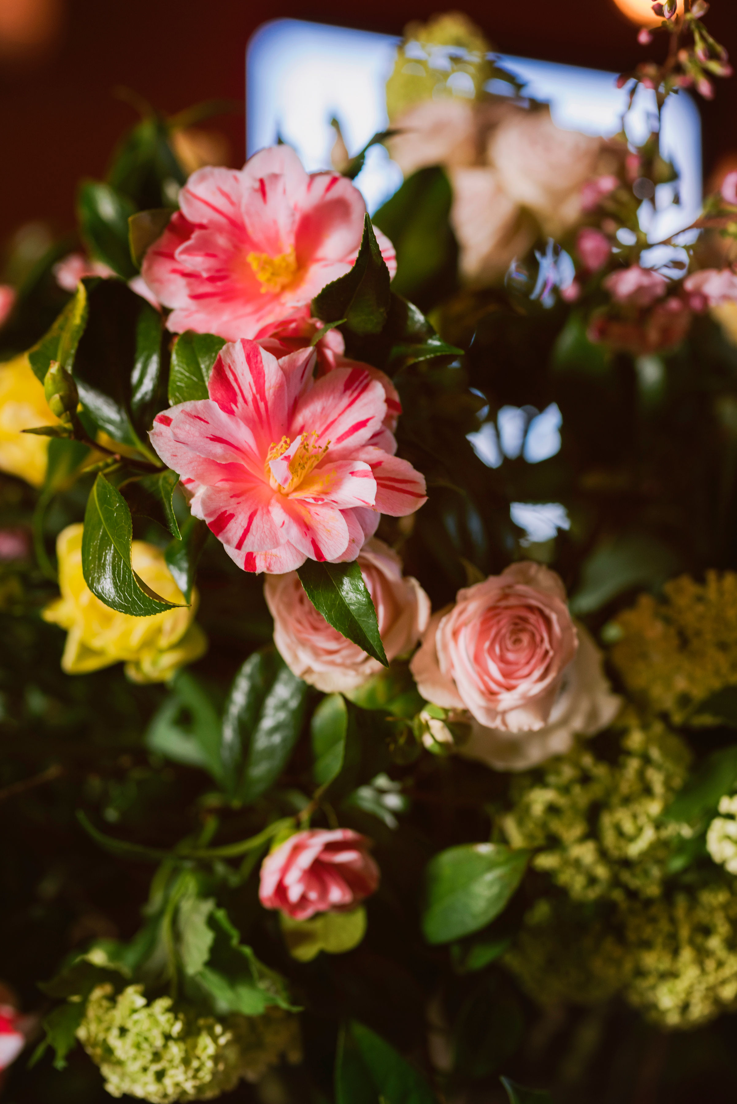 wedding camellia and rose arrangement